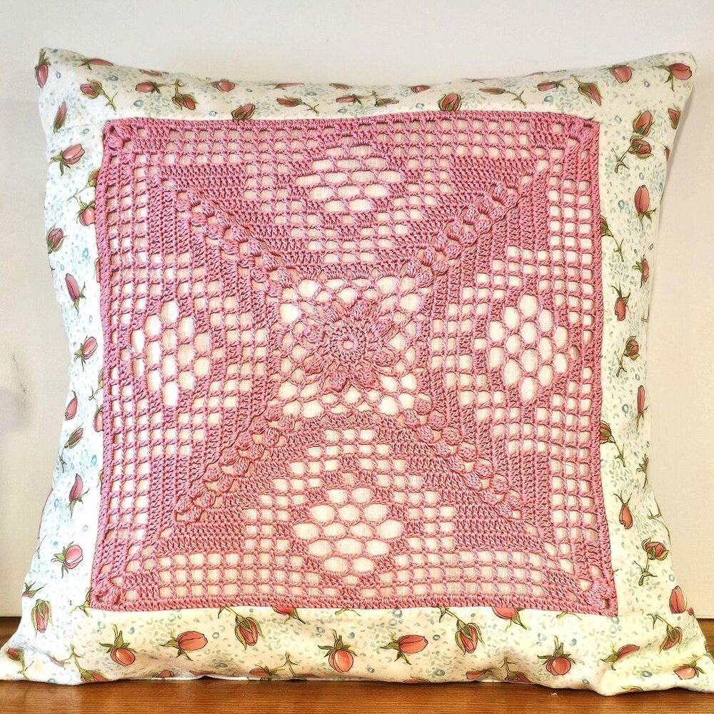 Floral Crochet Accent Pillow - Pink and Cream
